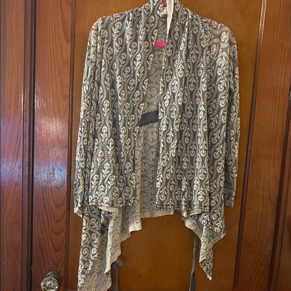 FIELD FLOWER Linen Cotton Blend Gray Cream Floral Knit Wrap Belted Cardigan S